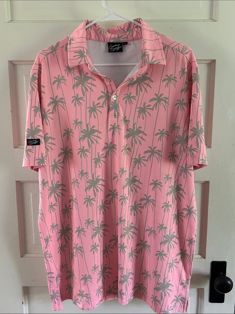 Sunday Swagger-Tropical Pink Palm-Print Stretch Polo sz L